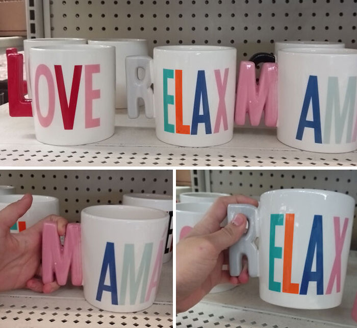 Mugs with large, bulky letter handles that make them awkward to hold, showcasing dangerous designs and potential death traps.