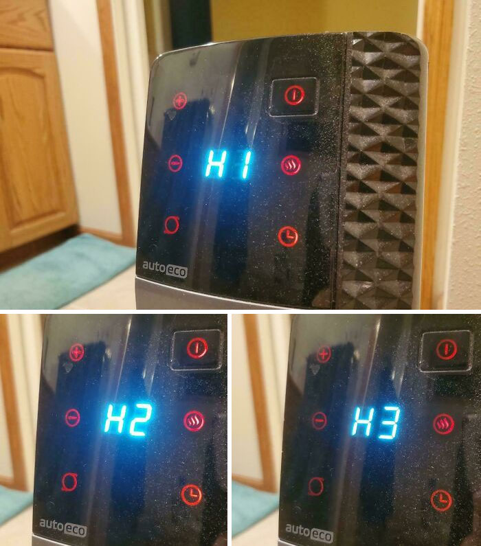 Digital display on a dusty heater showing heat levels H1, H2, and H3, illustrating a dangerous design death trap concept.