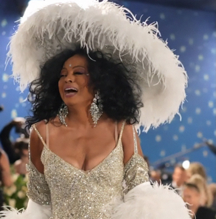Diana Ross in a glittering gown and large feathered hat at the Met Gala, capturing attention on the red carpet.