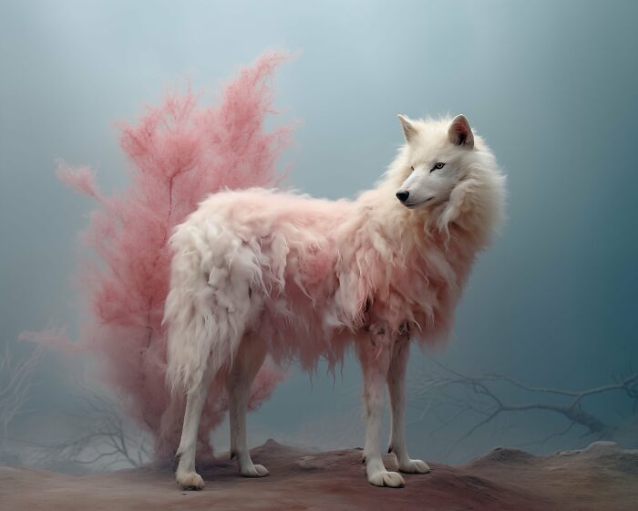 White wolf with pink ethereal fur blending into natural surreal background in beautiful but unsettling vision of nature