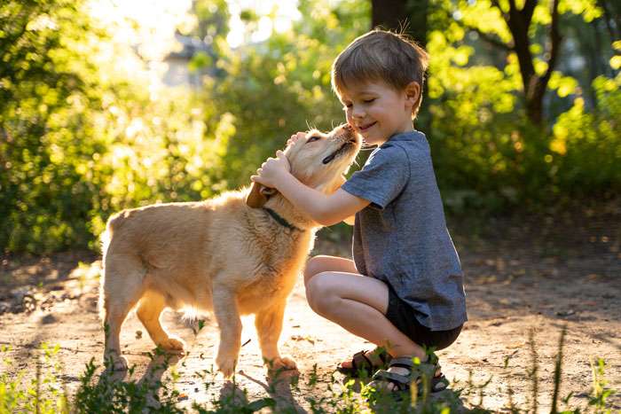 Young boy in a park gently hugging a small dog, capturing a moment before a dog almost gets stolen by kids.