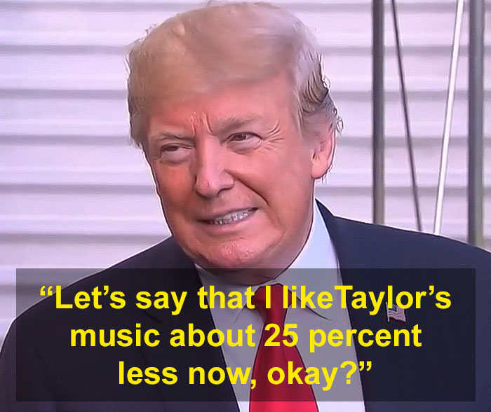 President Trump speaking with a slight smile, addressing Taylor Swift&rsquo;s music and White House response.