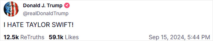 Screenshot of a tweet from President Trump expressing dislike for Taylor Swift, related to the White House response.