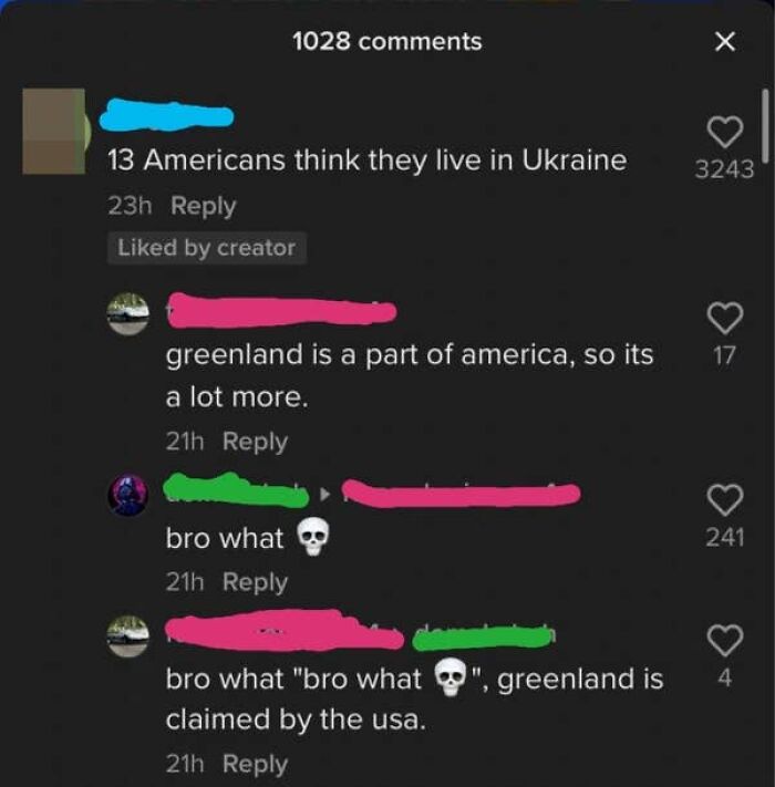 Screenshot of social media comments showing ignorance of Americans about Greenland’s status and geography.