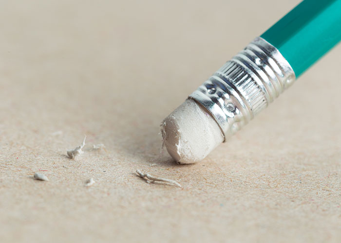 Close-up of a pencil eraser worn down, symbolizing the dumbest fad you participated in and memory erasure.