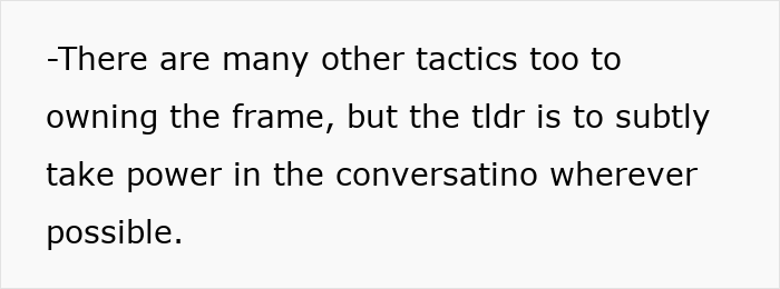 Screenshot of text discussing tactics for owning the frame and subtly taking power in conversations for interview success.