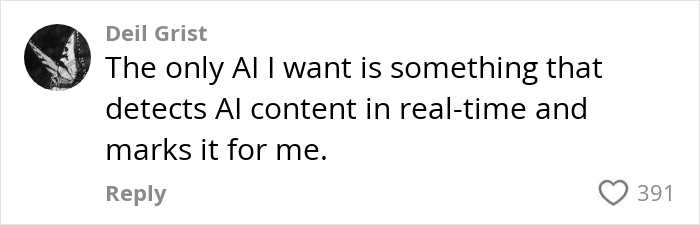 Comment from Deil Grist expressing a desire for AI that detects and marks AI content in real-time, related to realistic AI videos.
