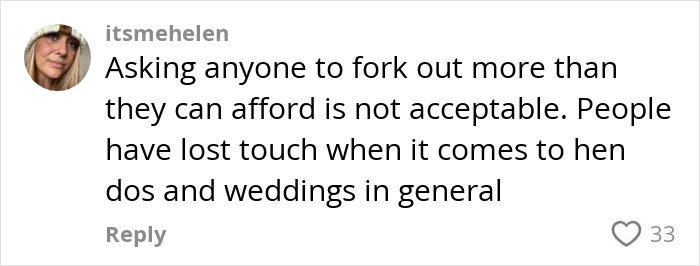 Comment discussing the affordability issues and changing attitudes toward paying for hen parties in internet debates.
