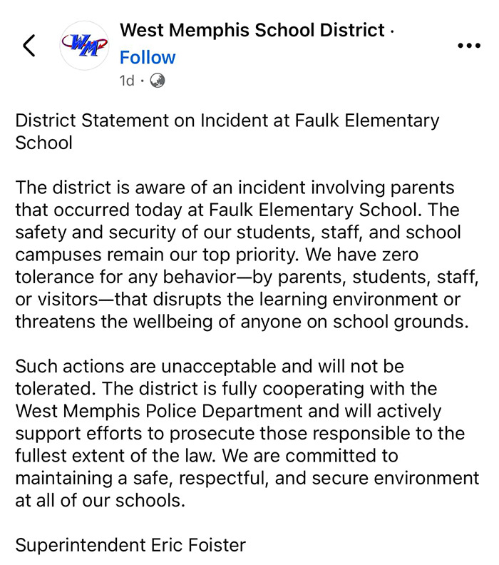 Official statement from West Memphis School District addressing traumatic brawl between parents at kindergarten graduation, prioritizing safety.