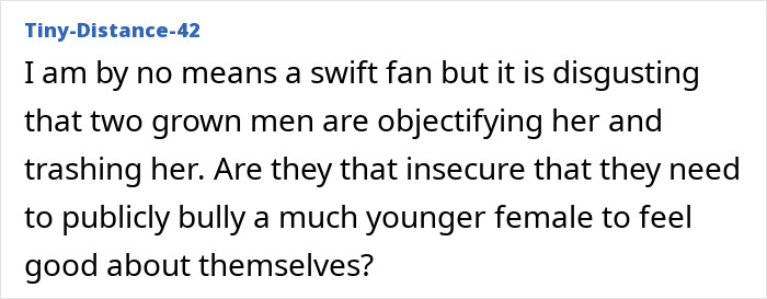 Commenter expressing disgust over men body-shaming Taylor Swift and criticizing Elon Musk’s reaction online. Commenter expressing disgust over men body-shaming Taylor Swift and criticizing Elon Musk’s reaction online.