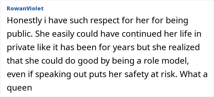 Comment praising Elon Musk's trans daughter Vivian for being a public role model despite personal risks.