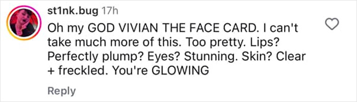 Social media comment praising Elon Musk's trans daughter Vivian's stunning modeling debut with glowing skin and plump lips.