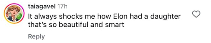 Comment praising Elon Musk's trans daughter Vivian's beauty and intelligence in response to her modeling debut.