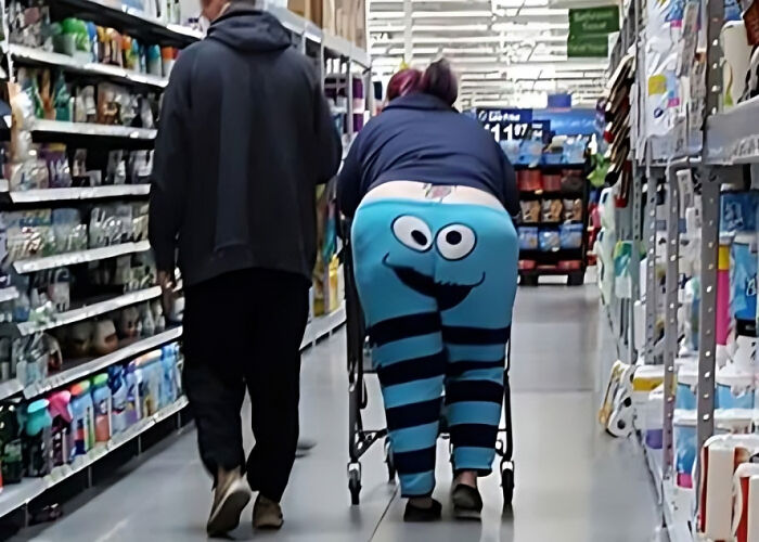 Shoppers in an aisle with a person wearing playful Cookie Monster leggings, illustrating parents’ worst kid moments in public.