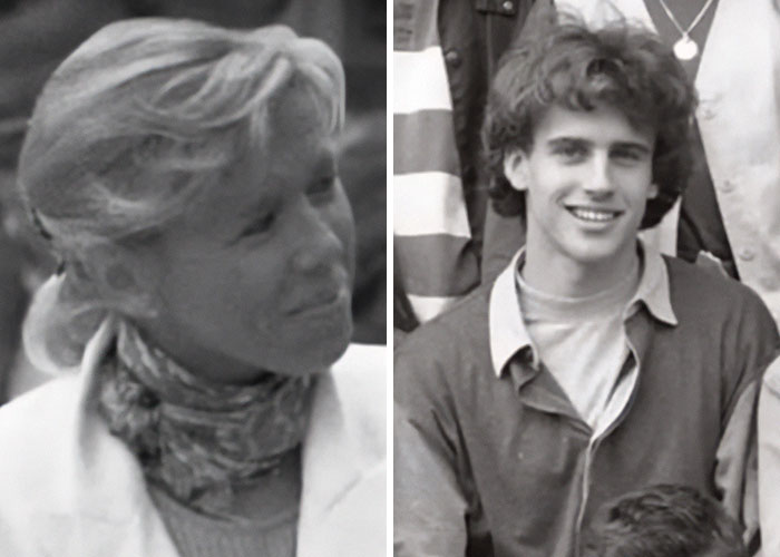 Black and white side-by-side images showing a woman and a smiling young man, related to lip reader revealing Macron&rsquo;s wife&rsquo;s words.