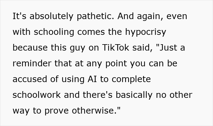 Text on a white background discussing concerns about AI use in schooling and potential accusations of using AI for schoolwork.