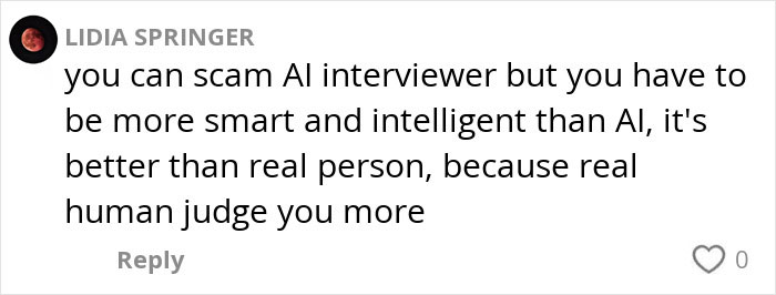 User comment about AI interviewers, discussing intelligence needed to outperform AI in job interview settings.