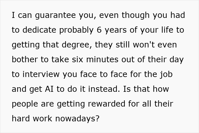 Text discussing frustration about companies using AI to conduct job interviews instead of face-to-face meetings with applicants.