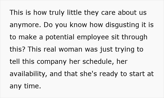 Text expressing frustration over companies using AI in job interviews, disturbing applicants and online users.