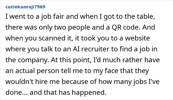 User post describing experience with AI recruiter at job fair, highlighting concerns about companies using AI for job interviews.