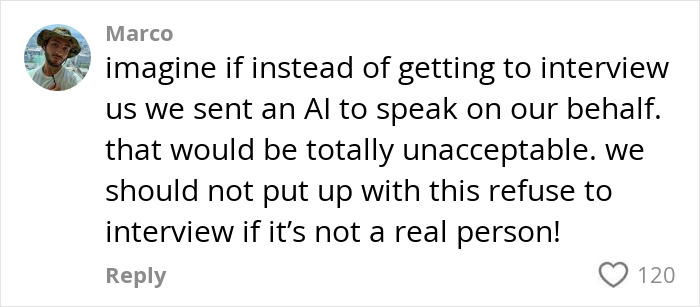 User comment expressing concern about companies using AI for job interviews and refusal to interview without a real person.