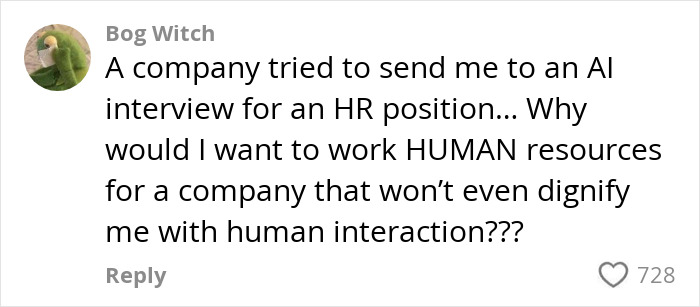 User expressing frustration about companies using AI to conduct job interviews instead of human interaction.