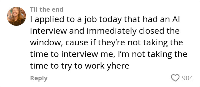 Comment expressing frustration after experiencing an AI job interview, highlighting concerns about AI interviews from applicants.