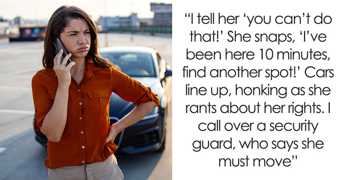 Karen Blocking Parking Bay Won’t Move An Inch, Red Faced After Hubby Chooses Different Spot