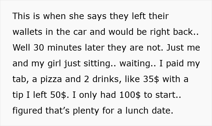 Text describing a millionaire deciding to run out before paying the bill, showing entitlement and stuck up behavior.