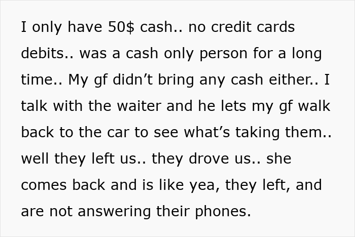 Text message describing a millionaire deciding to run out before paying the bill, seen as stuck up and entitled behavior.