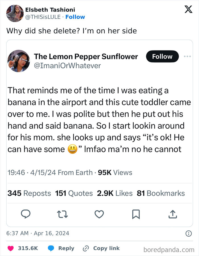 Tweet discussing a toddler asking for a banana at the airport and a parent’s entitled response, highlighting entitled parents online.