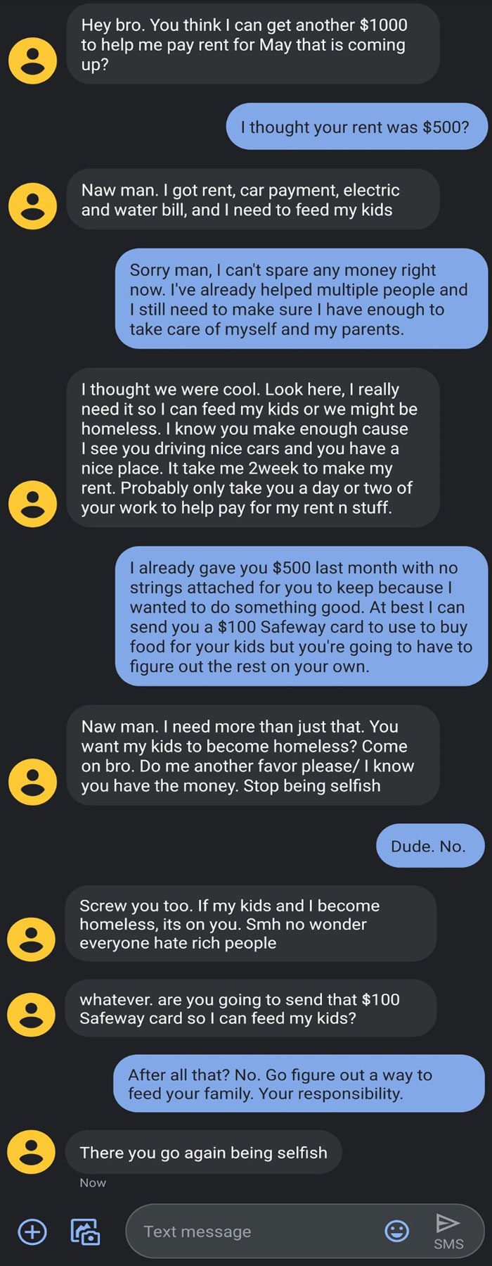 Text message exchange showing an entitled parent demanding money and blaming others for their situation online.