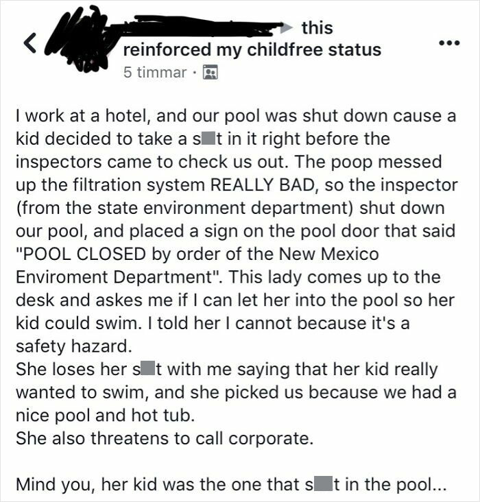 Screenshot of a social media post showing a parent exposed online for being entitled after a pool closure incident.