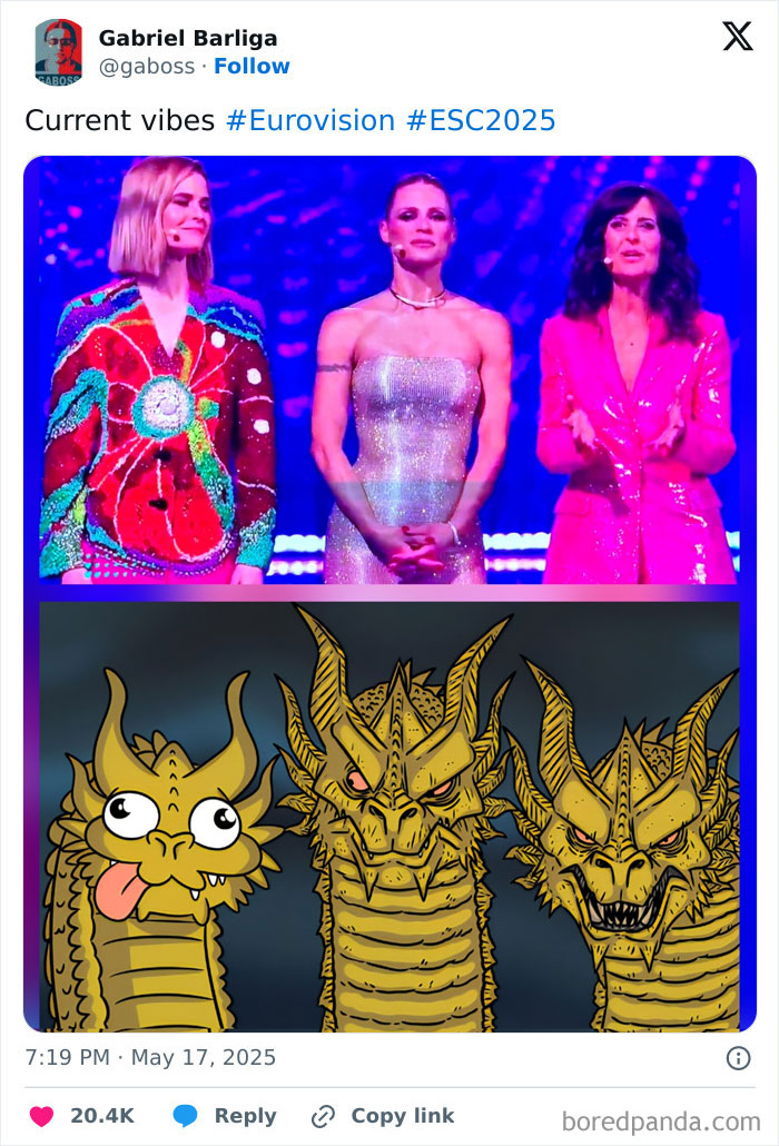 Colorful Eurovision performers above a funny three-headed dragon meme capturing hilarious Eurovision Song Contest 2025 moments.