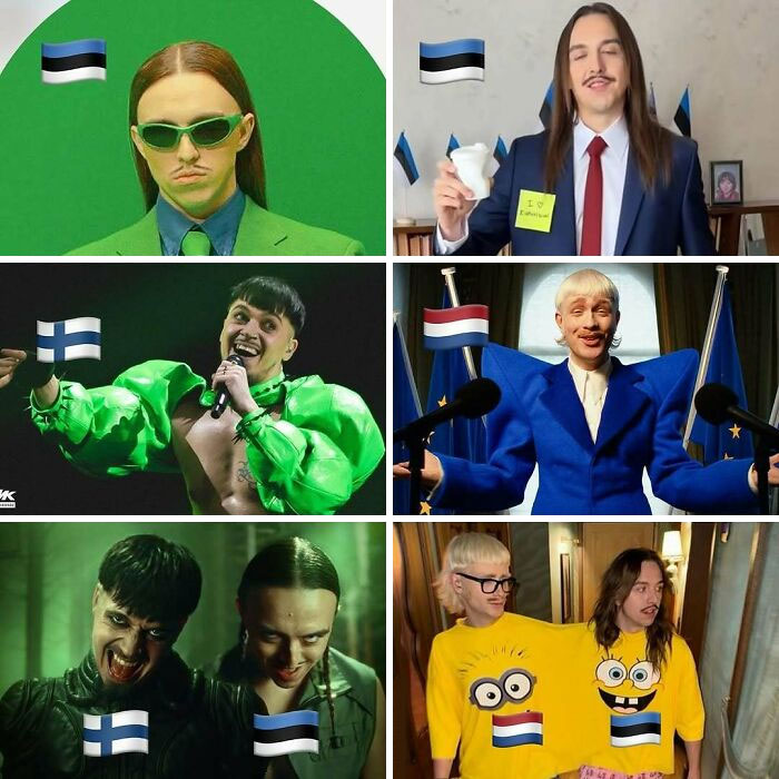 Collage of Eurovision Song Contest 2025 memes featuring contestants in colorful outfits with Estonia, Finland, and Netherlands flags.