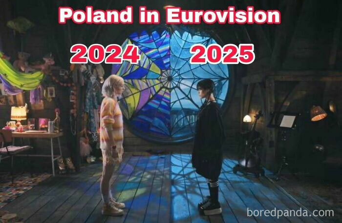 Two people facing each other under stained glass windows labeled Poland in Eurovision 2024 and 2025, humorous meme format.