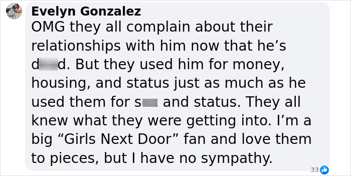 Social media comment discussing Playboy Bunnies’ complaints about intimacy and relationships with Hugh Hefner. Social media comment discussing Playboy Bunnies’ complaints about intimacy and relationships with Hugh Hefner.