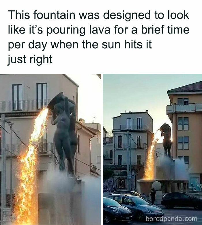 Fountain designed to look like pouring lava when sunlight hits it, showcasing the inside of Big Ben interest theme.