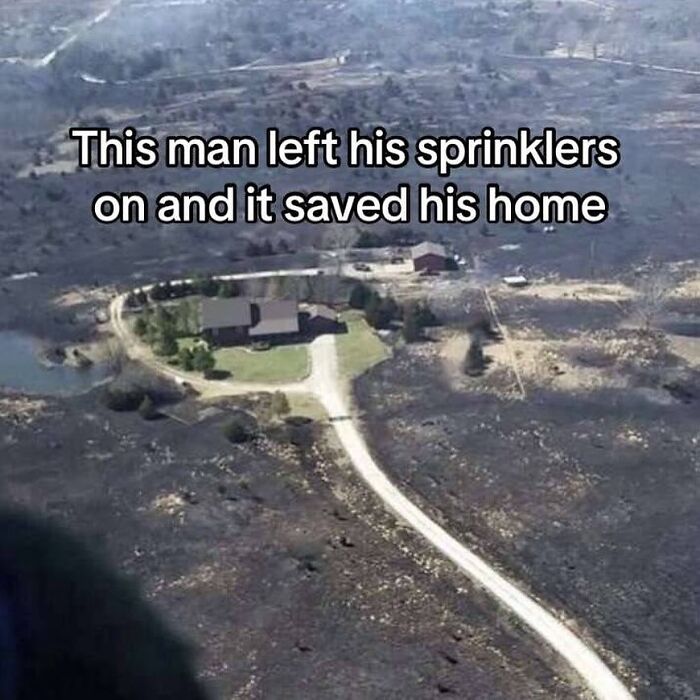 Aerial view of a house surrounded by burned land, showing how sprinklers saved the home from fire damage inside Big Ben context.