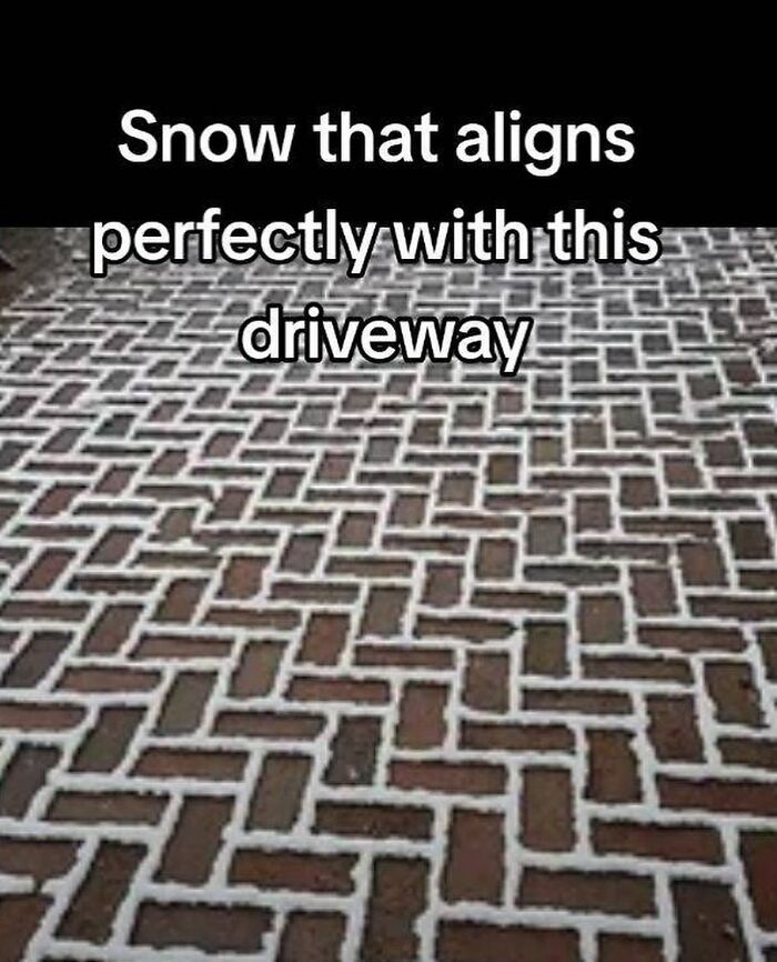 Snow aligning perfectly with driveway bricks, showcasing a unique pattern in an outdoor setting related to Big Ben interest.