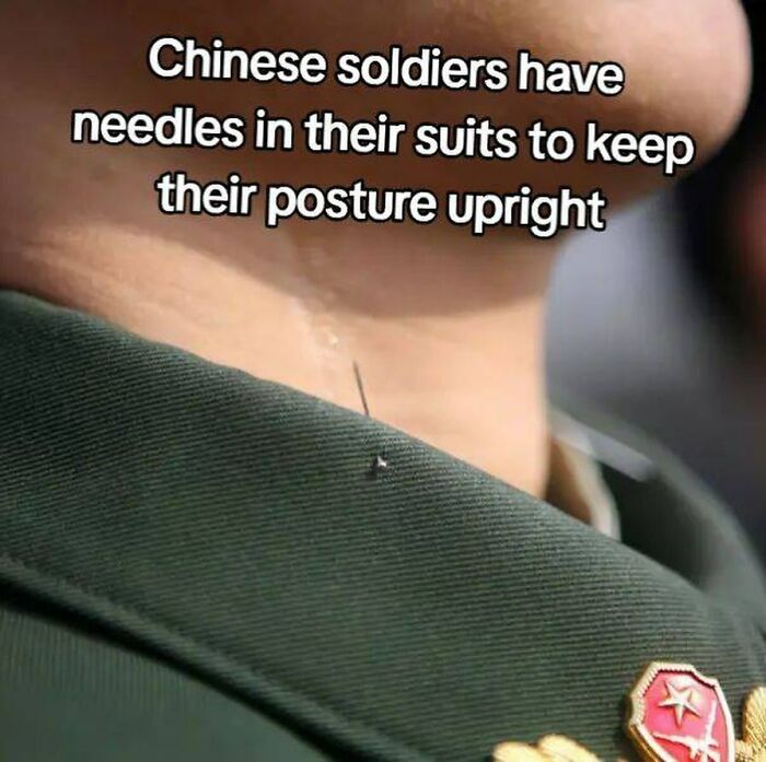 Close-up of a needle in a soldier's suit used to maintain posture, illustrating an interesting inside detail.