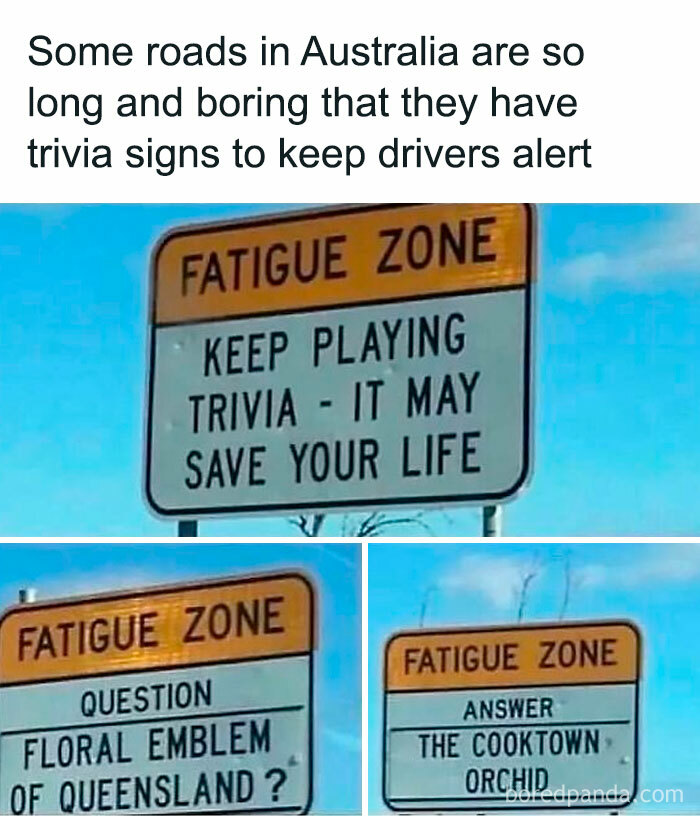 Trivia signs on long Australian roads in fatigue zones keep drivers alert with questions and answers.