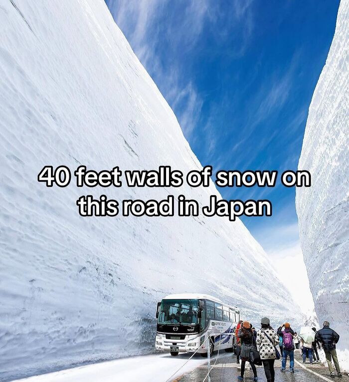 40 feet walls of snow on a road in Japan, illustrating an interesting view inside Big Ben context of unique structures.