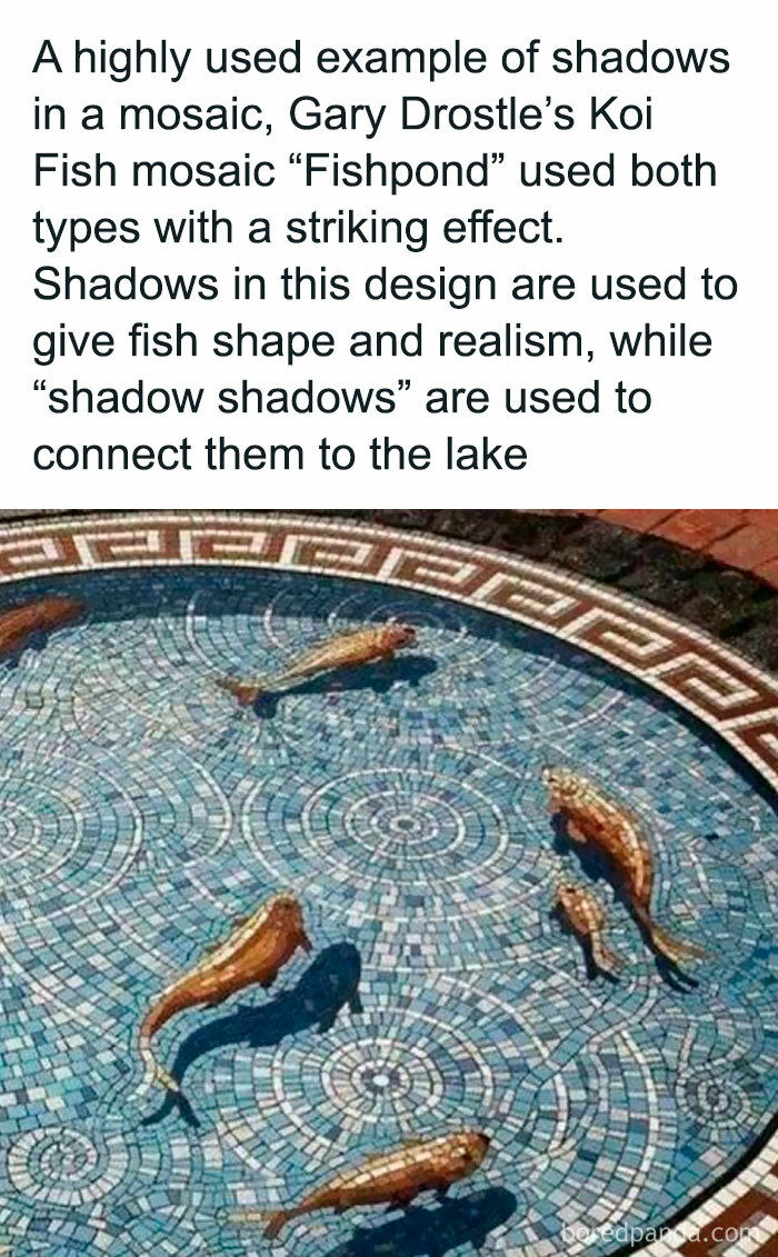 Mosaic design showing koi fish and shadows with intricate patterns, illustrating detail like the inside of Big Ben.
