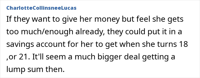 Text comment about managing money for a kid to avoid jealousy between grandparents and ex-in-laws over generosity.