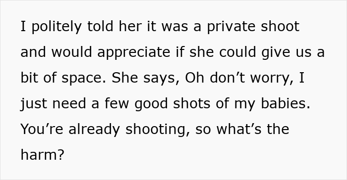 Entitled mom interrupts couple&rsquo;s photoshoot, harassing photographer for free pictures of her kids.