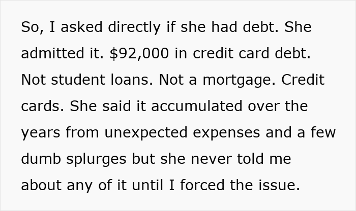 Text excerpt showing a bride-to-be admitting $92,000 credit card debt after being confronted about hidden financial issues.