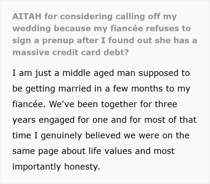 Man questions fiancee&rsquo;s refusal to sign prenup after discovering secret credit card debt before their wedding.