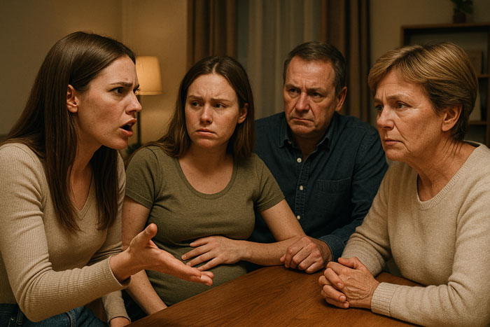 Family discussing wedding venue booking with pregnant woman, showing tension and concern during a serious conversation.