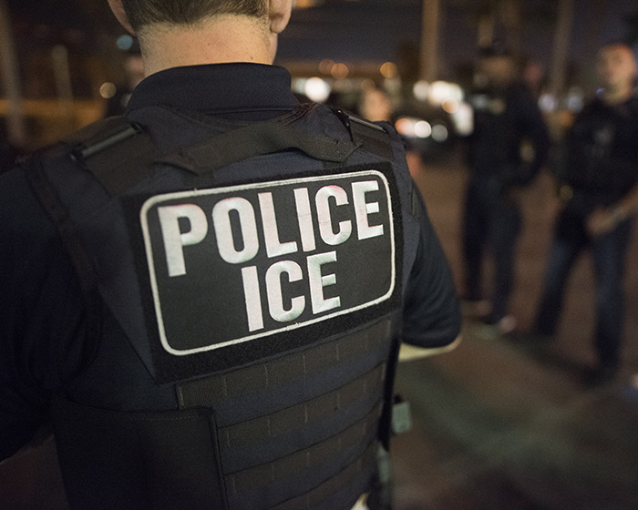 ICE agent wearing police vest during nighttime raid with blurred officers and vehicles in the background
